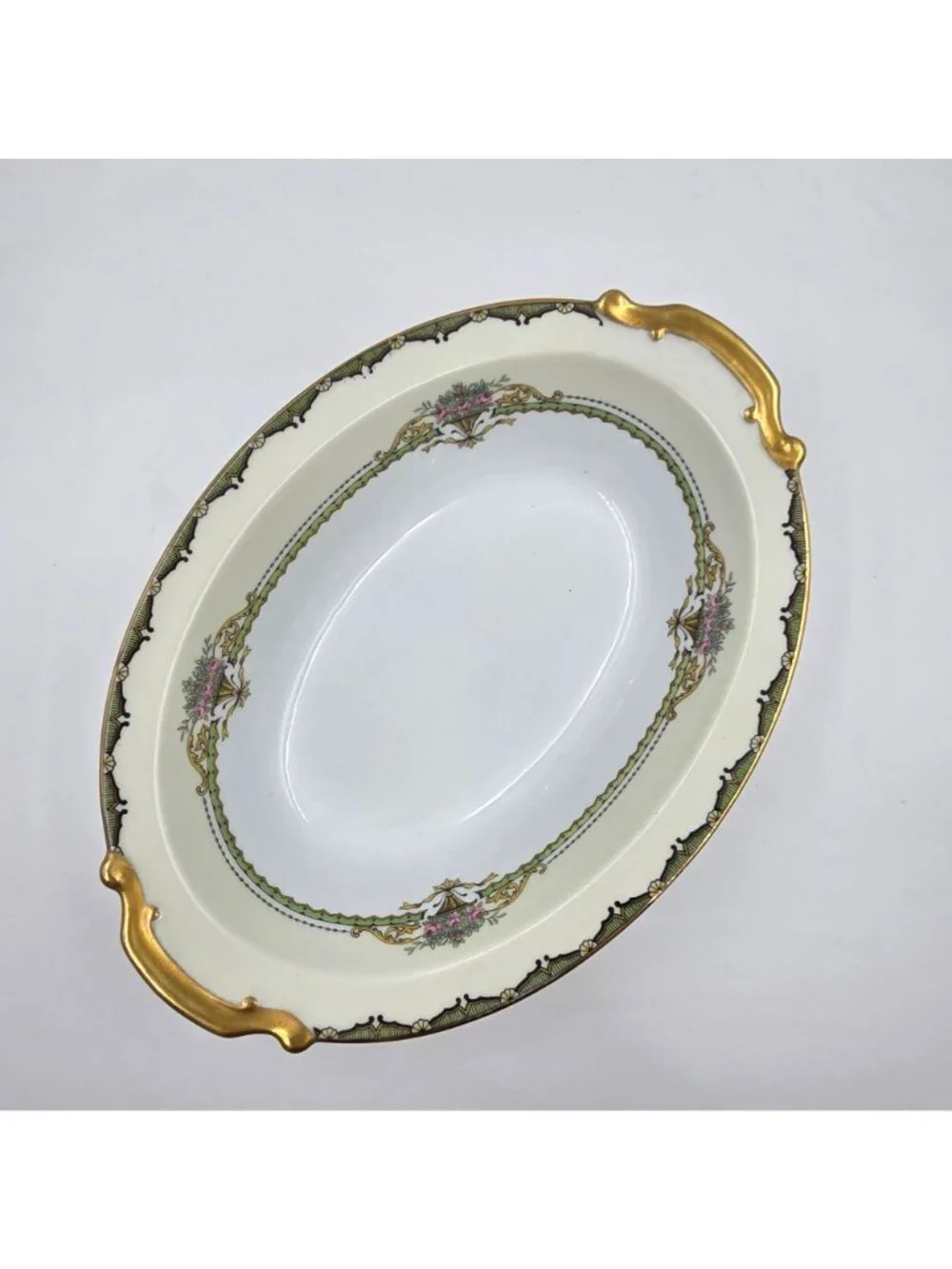 Noritake Penelope Oval Vegetable Bowl Green Border Pink Roses Urn Gold Trim